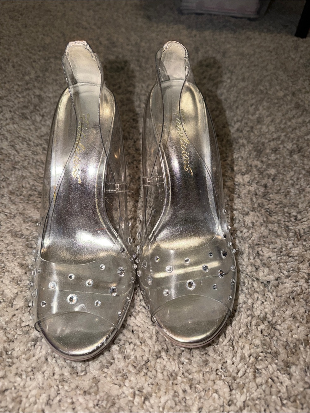Clear Rhinestone Slingback Heels - Silver Footbed